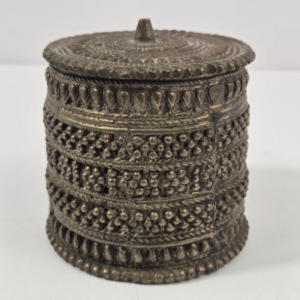 Vintage India Brass Trinket Box Small Beaded Lidded Jewelry Container 3in